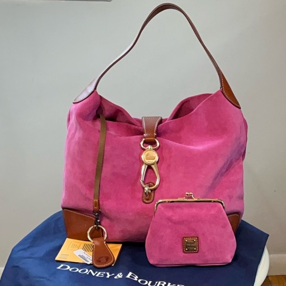 Dooney & Bourke Florentine Logo Lock Pink Suede Hobo & Kisslock Purse & Dustbag - Picture 1 of 16